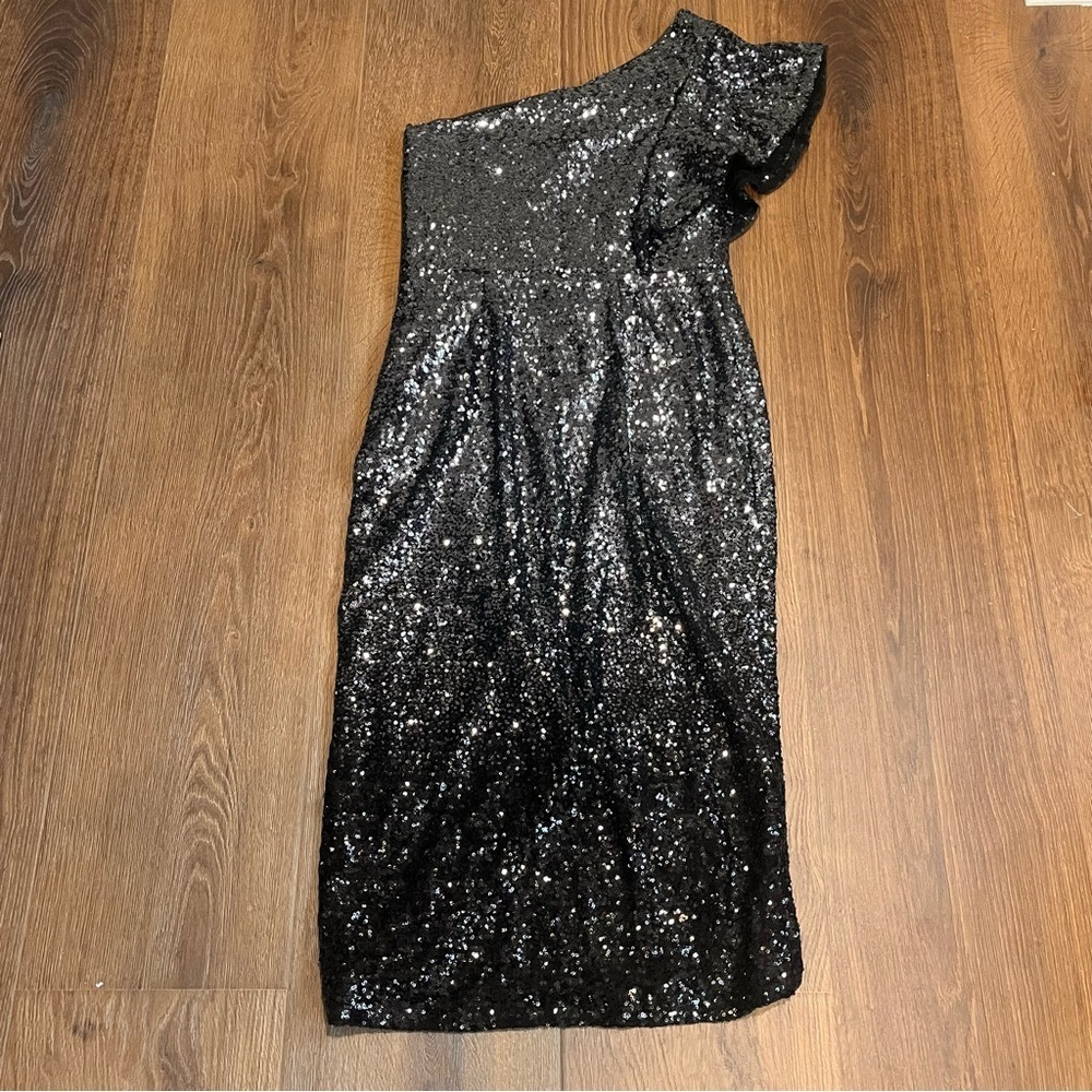 Marchesa Notte | Ombré one shoulder Sequin tulle black sheath dress Women size 6 - Picture 8 of 12